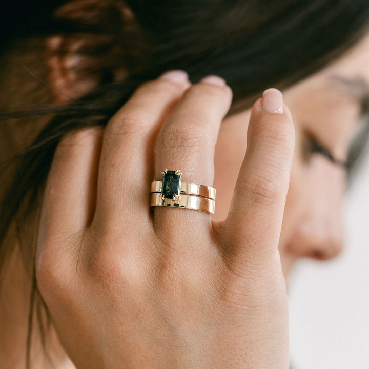 Emerald Cut Double Prong Blue-Green Sapphire Ring