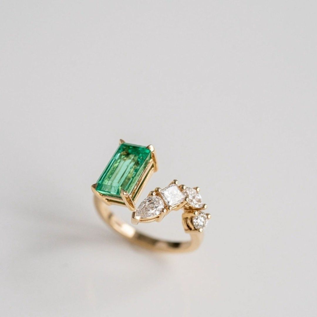 Emerald Cut Emerald Gap Ring With Diamonds