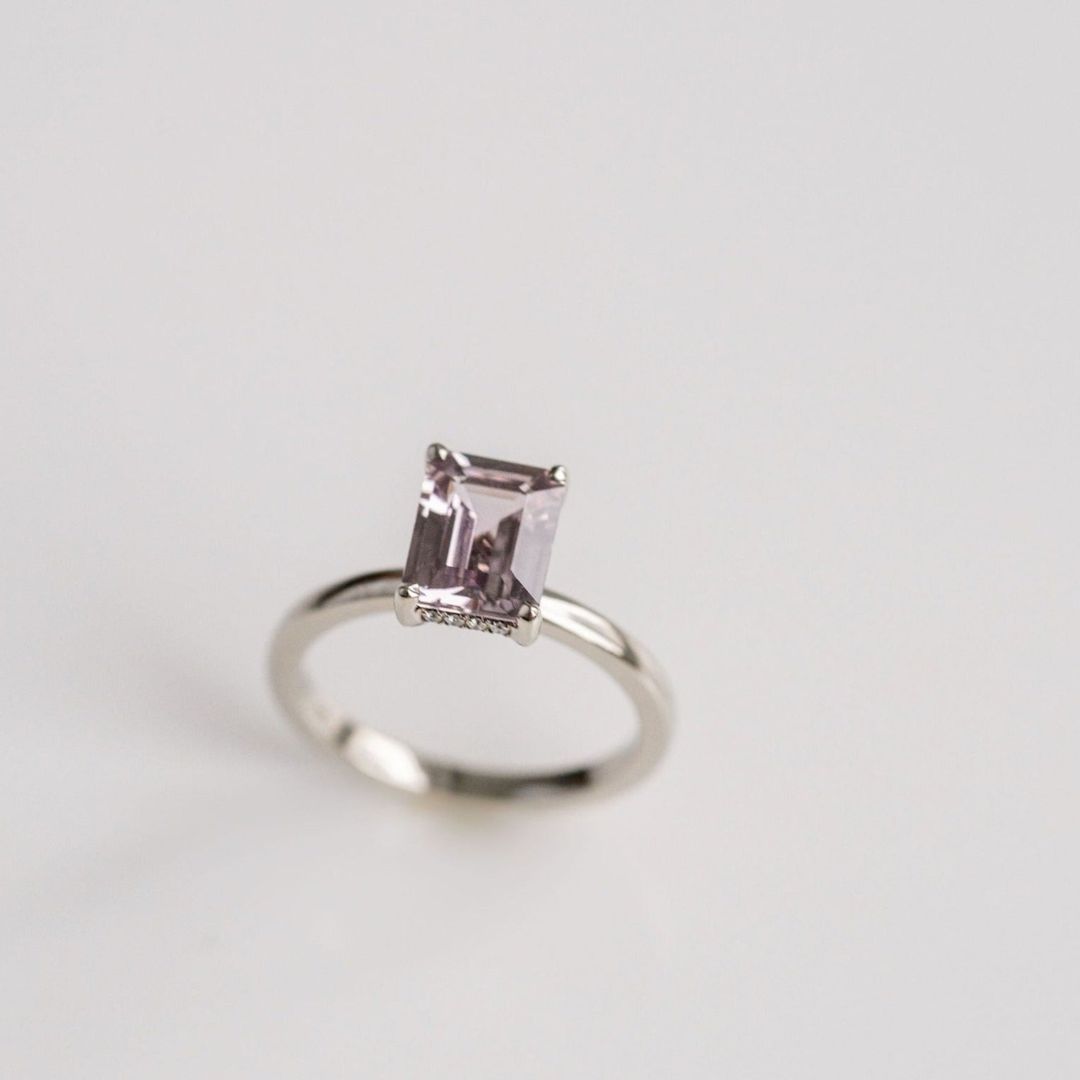 Emerald Cut Grey-Light Purple Sapphire With Diamond Collar