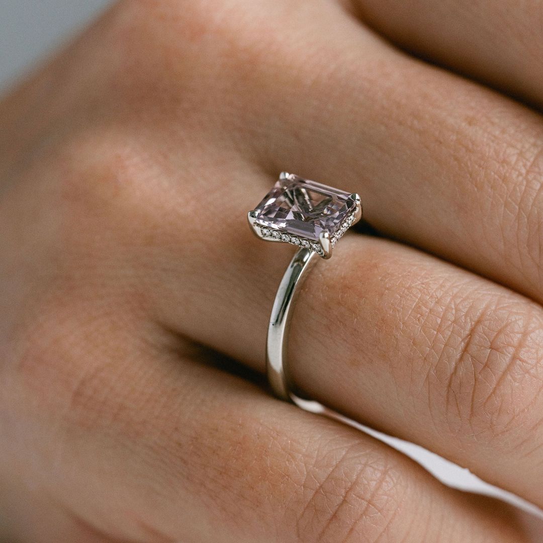 Emerald Cut Grey-Light Purple Sapphire With Diamond Collar