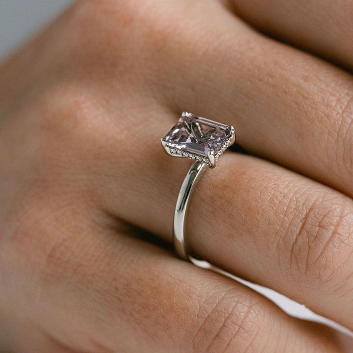 Emerald Cut Grey-Light Purple Sapphire With Diamond Collar
