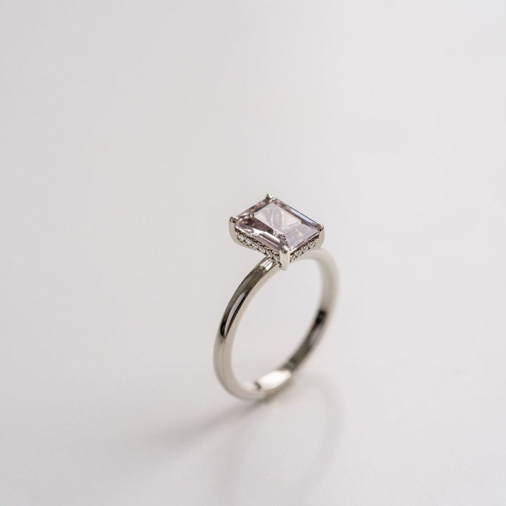 Emerald Cut Grey-Light Purple Sapphire With Diamond Collar