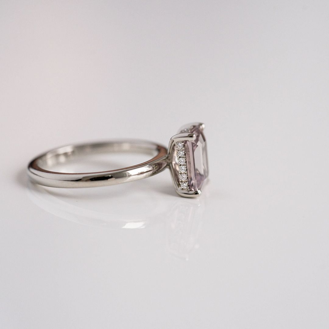 Emerald Cut Grey-Light Purple Sapphire With Diamond Collar