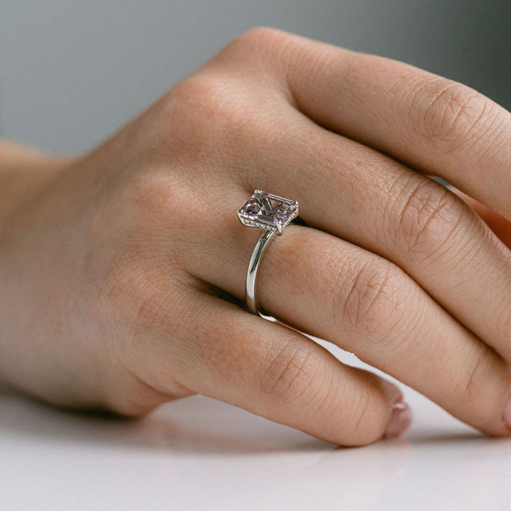 Emerald Cut Grey-Light Purple Sapphire With Diamond Collar