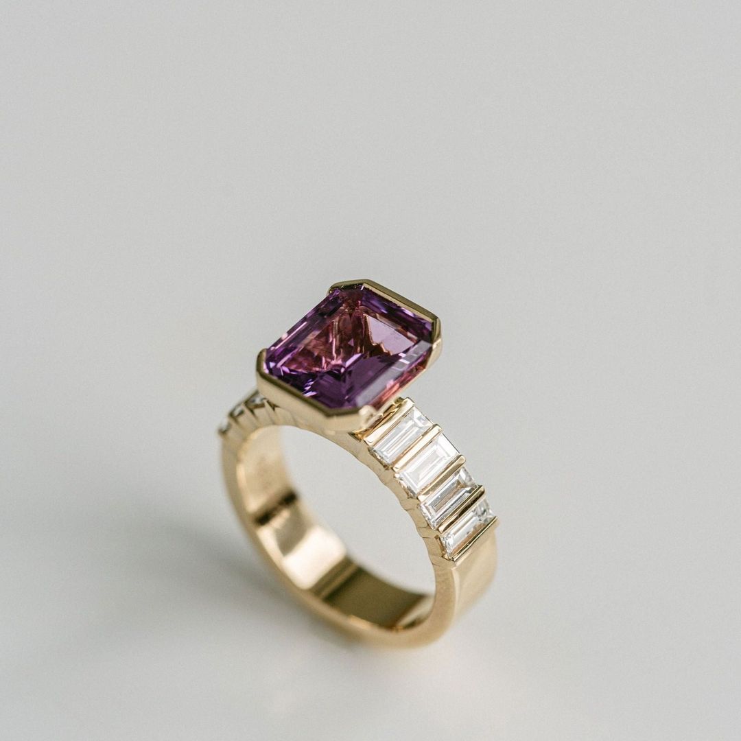 Emerald Cut Pink Sapphire Half Bezel With Bar Set Baguette Diamond Band