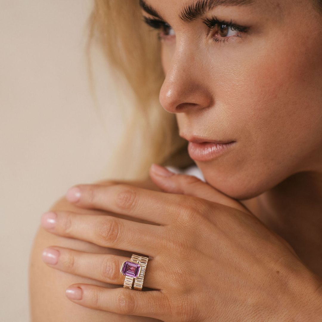 Emerald Cut Pink Sapphire Half Bezel With Bar Set Baguette Diamond Band