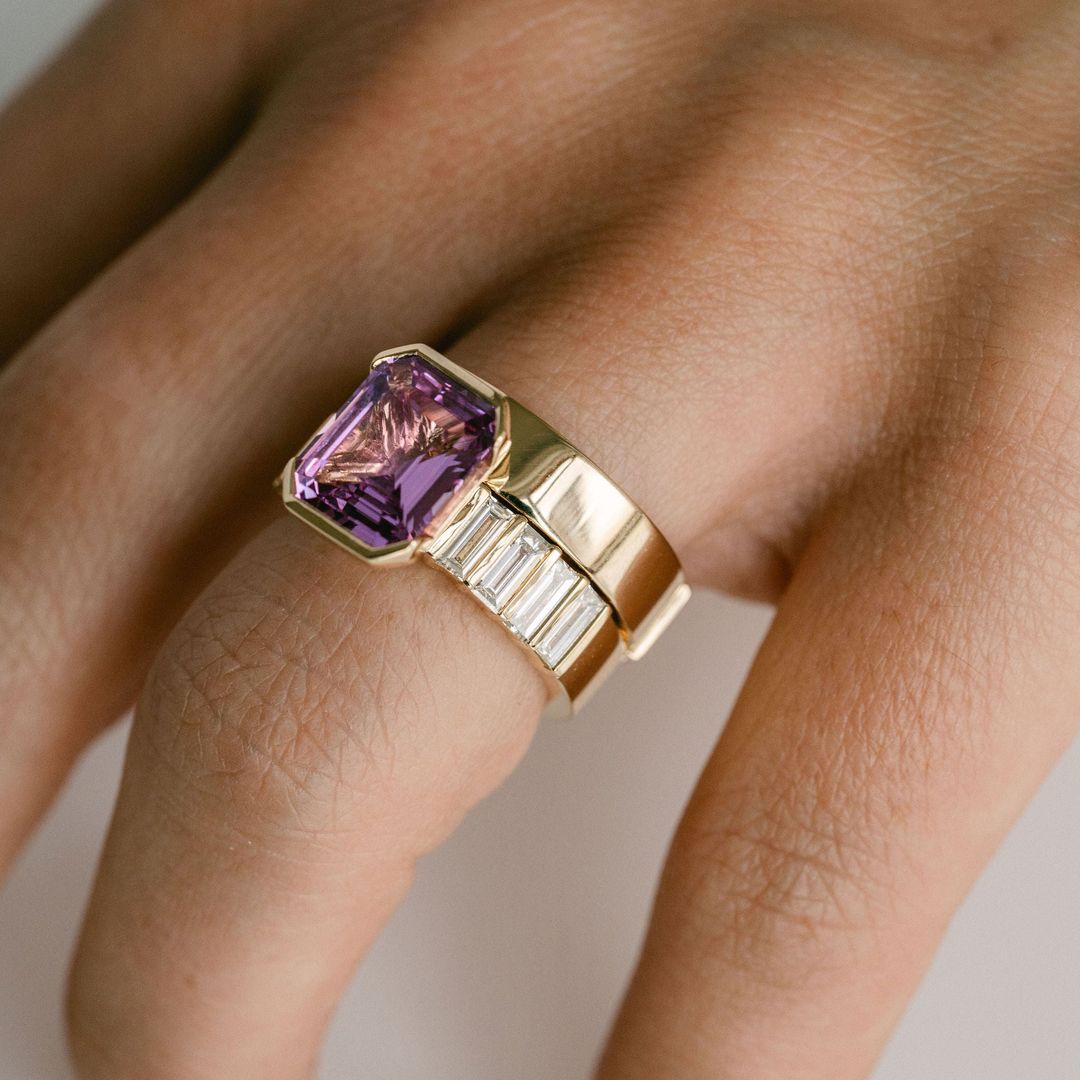 Emerald Cut Pink Sapphire Half Bezel With Bar Set Baguette Diamond Band