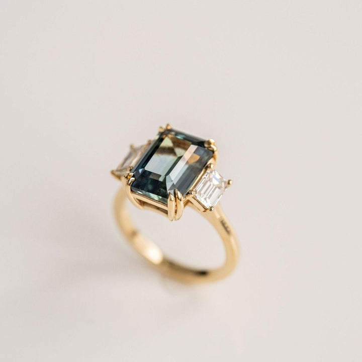 Emerald Cut Teal Sapphire With Emerald Cut Diamond Accents