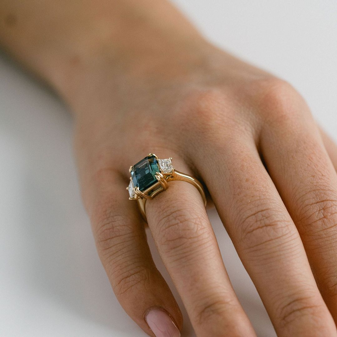 Emerald Cut Teal Sapphire With Emerald Cut Diamond Accents