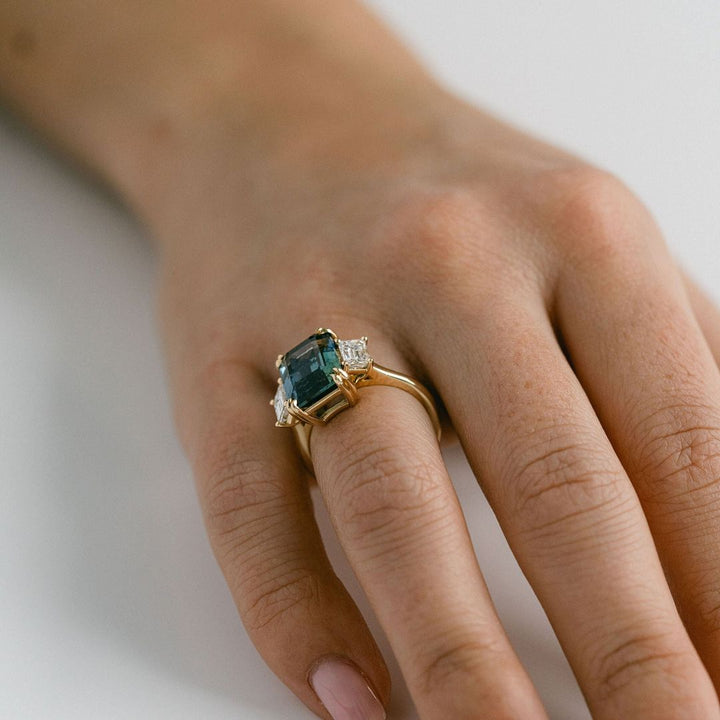 Emerald Cut Teal Sapphire With Emerald Cut Diamond Accents