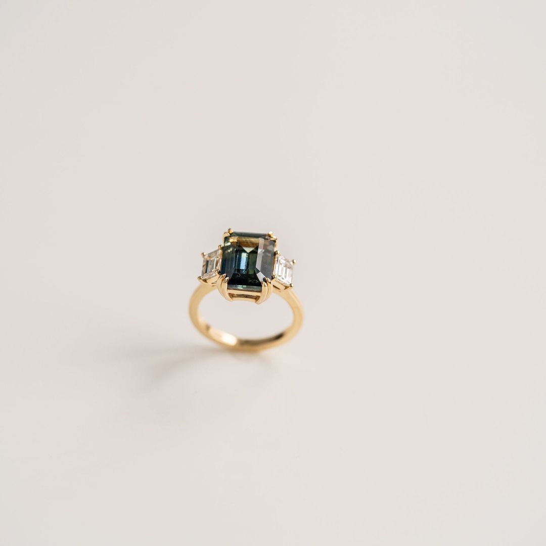Emerald Cut Teal Sapphire With Emerald Cut Diamond Accents