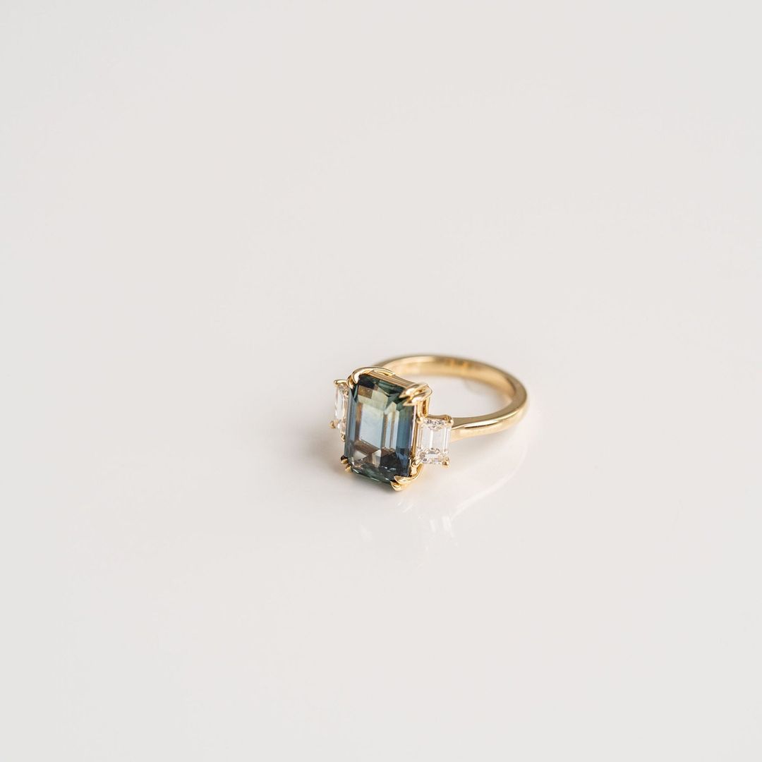 Emerald Cut Teal Sapphire With Emerald Cut Diamond Accents