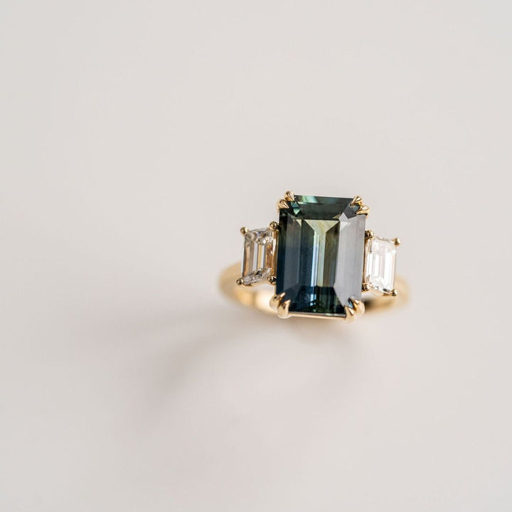 Emerald Cut Teal Sapphire With Emerald Cut Diamond Accents
