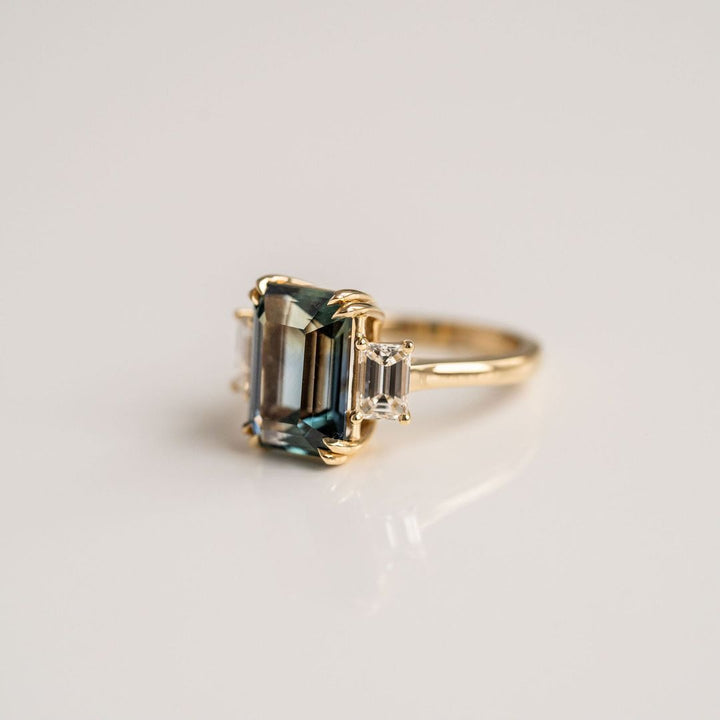 Emerald Cut Teal Sapphire With Emerald Cut Diamond Accents
