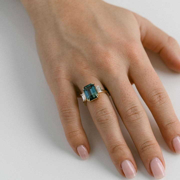 Emerald Cut Teal Sapphire With Emerald Cut Diamond Accents