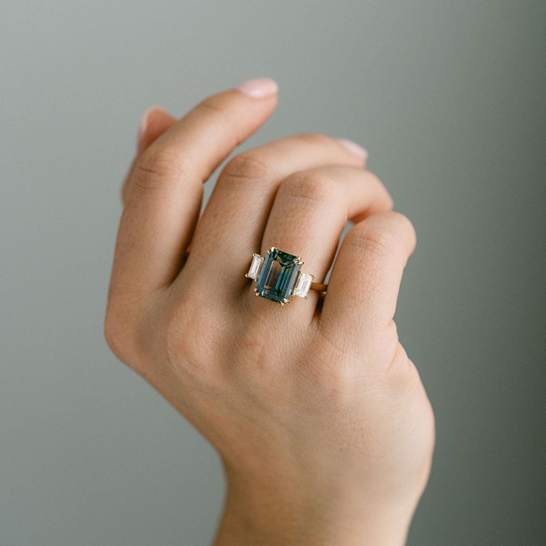 Emerald Cut Teal Sapphire With Emerald Cut Diamond Accents