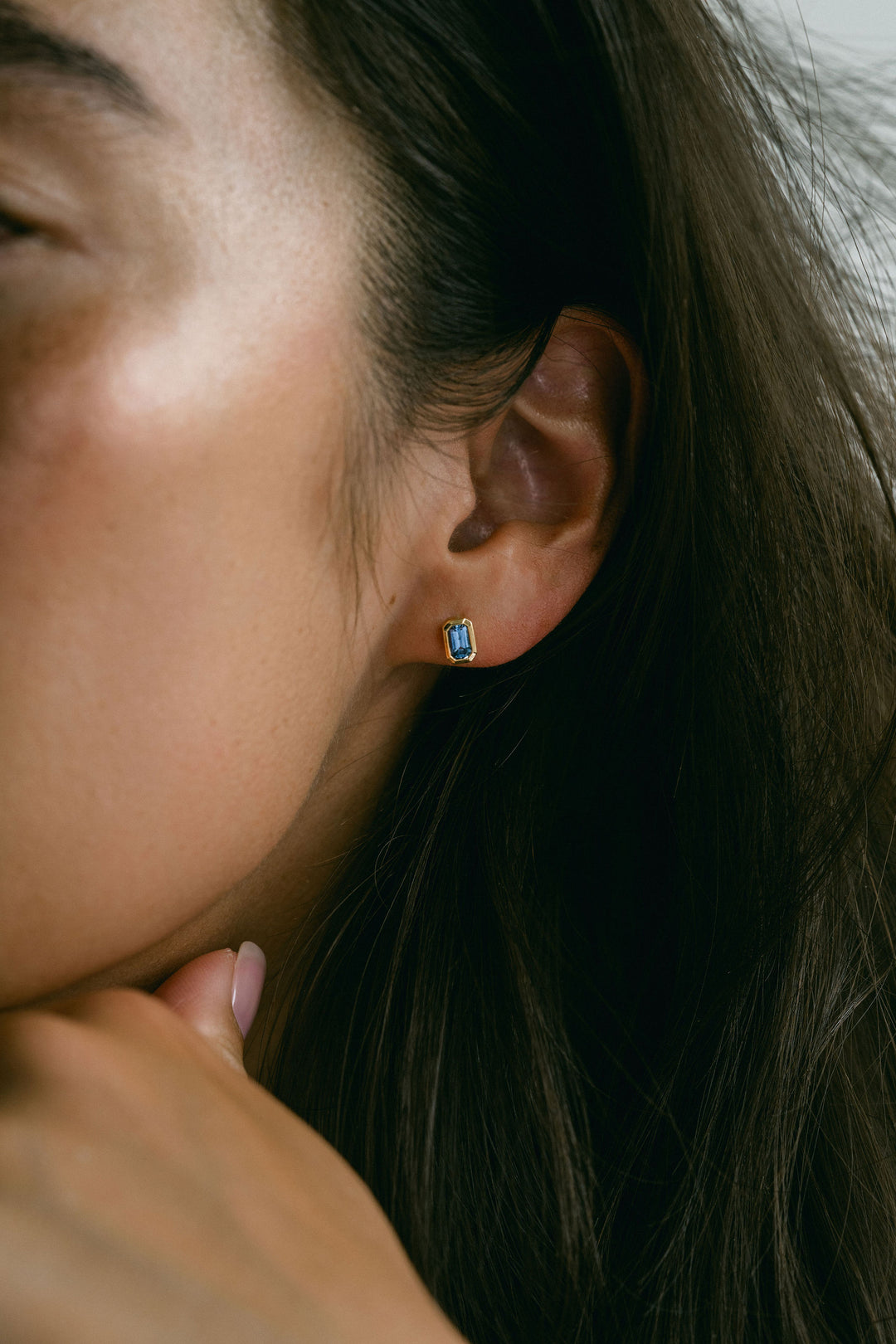Emerald Cut Blue Sapphire Bezel Studs