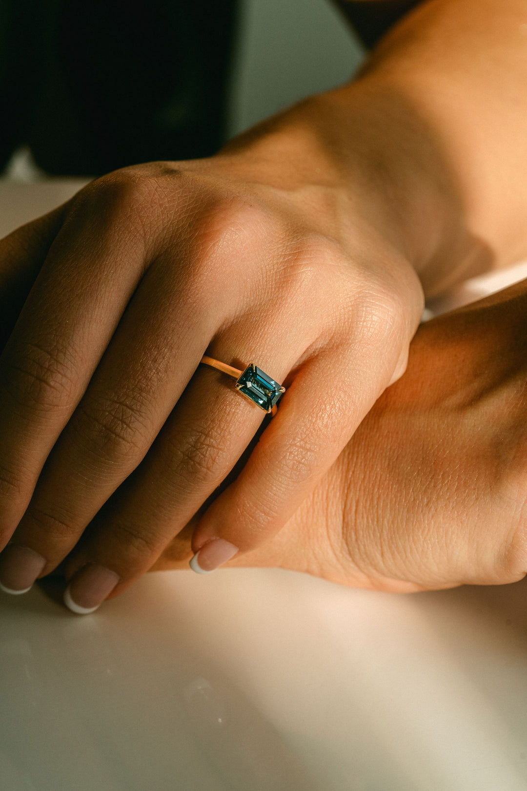 Emerald Cut East-West Blue Green Sapphire Dominion