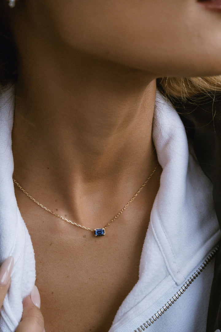 Emerald Cut East-West Framed Blue Sapphire Slider Necklace