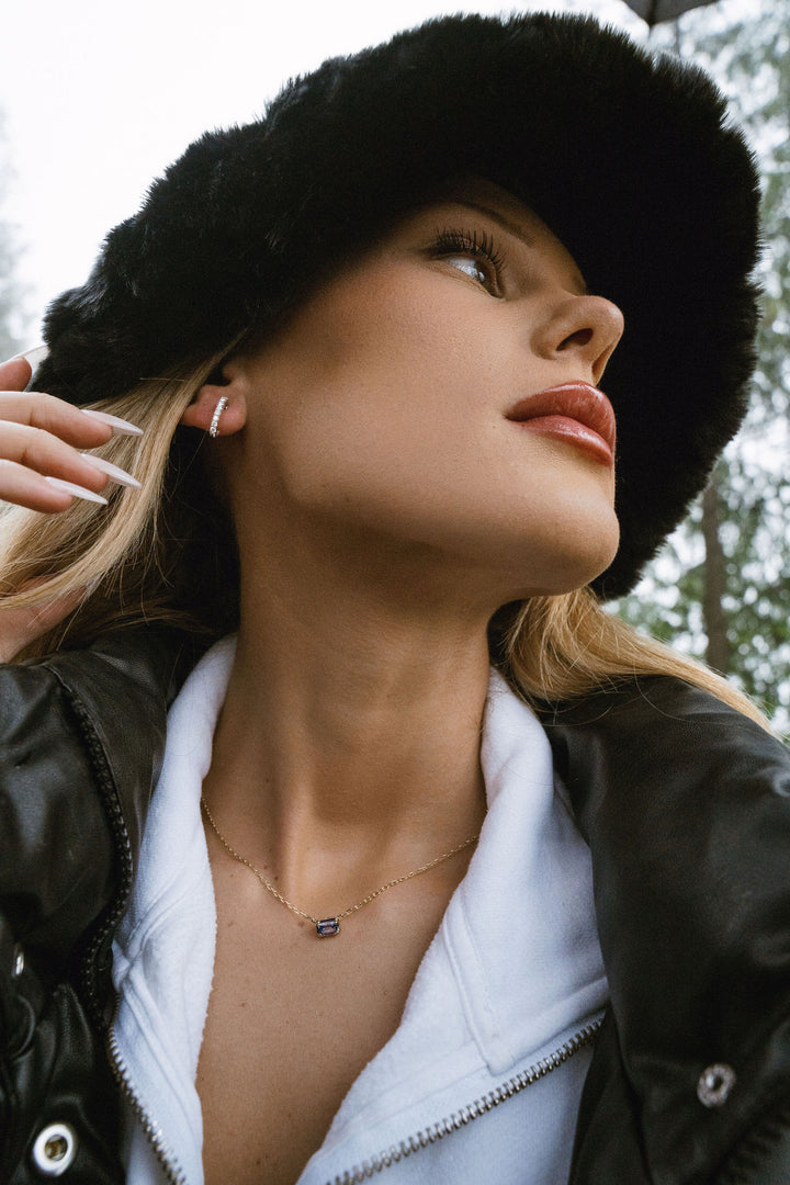 Emerald Cut East-West Framed Blue Sapphire Slider Necklace