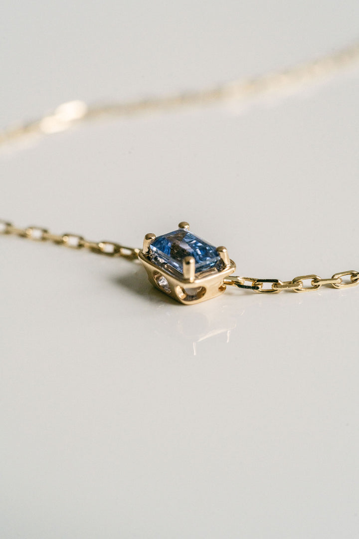 Emerald Cut East-West Framed Blue Sapphire Slider Necklace