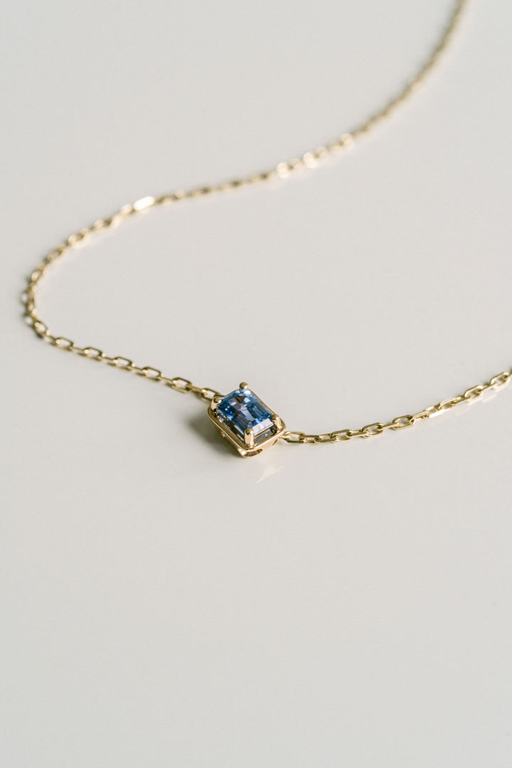 Emerald Cut East-West Framed Blue Sapphire Slider Necklace