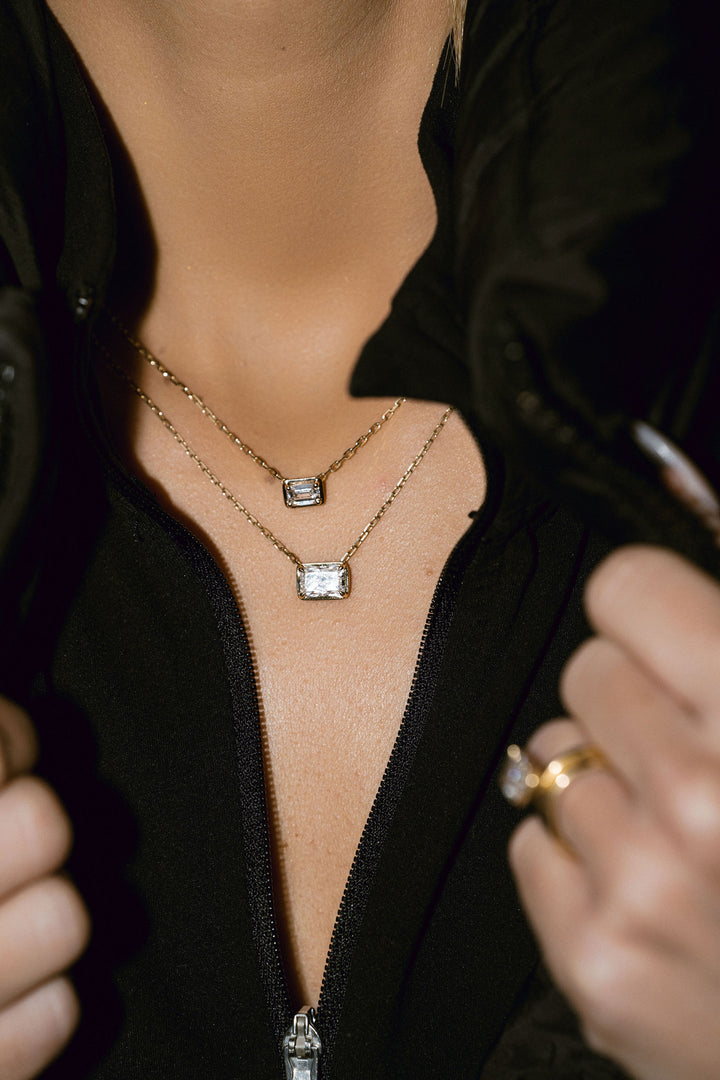 Emerald Cut East-West Framed Diamond Slider Necklace