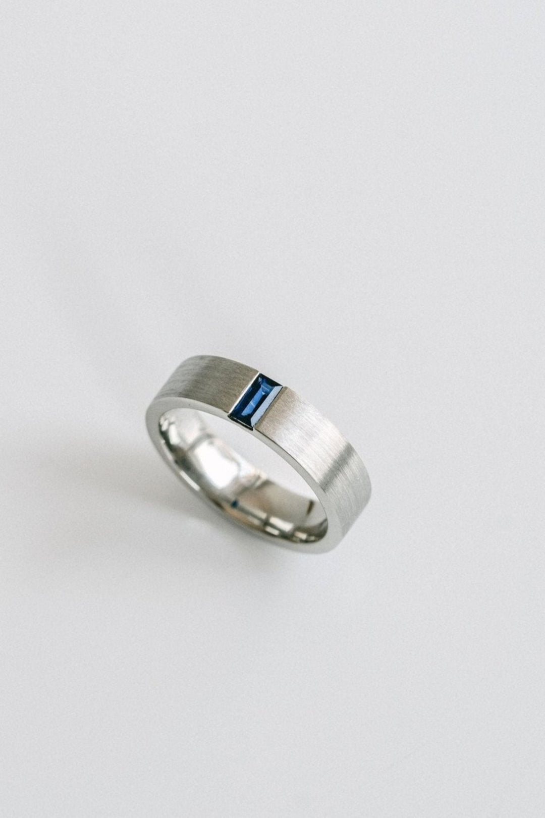 Flat Brushed Mens Band With Baguette Blue Sapphire