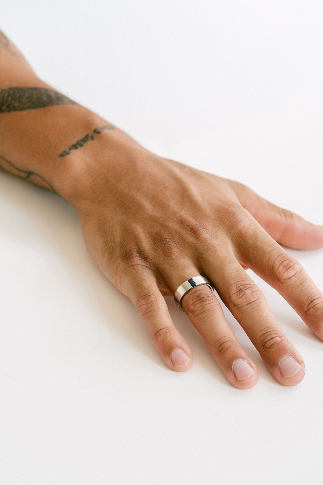 Flat Brushed Mens Band With Baguette Blue Sapphire