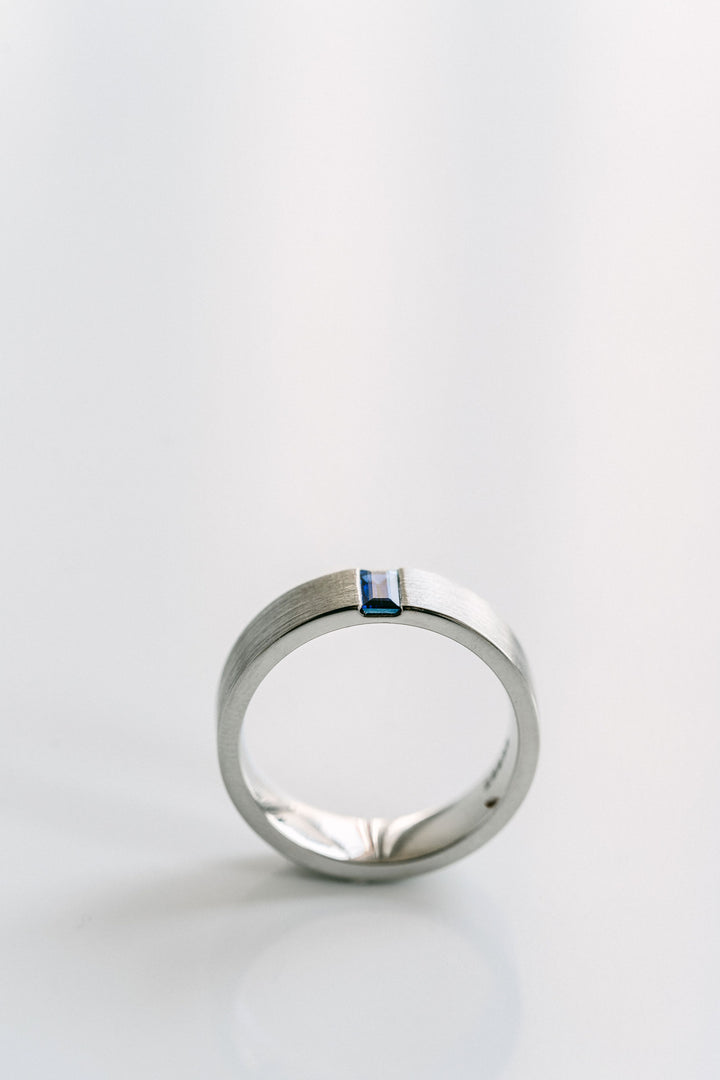 Flat Brushed Mens Band With Baguette Blue Sapphire