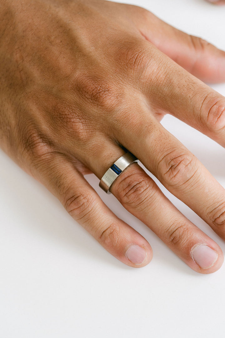 Flat Brushed Mens Band With Baguette Blue Sapphire