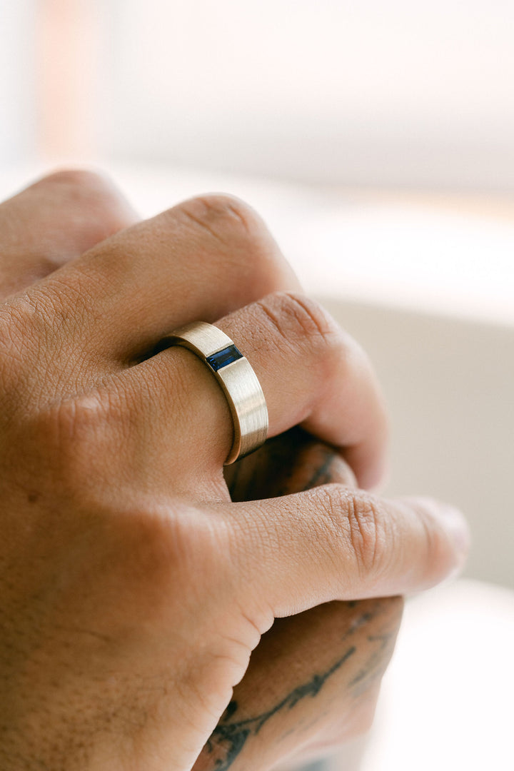 Flat Brushed Mens Band With Baguette Blue Sapphire