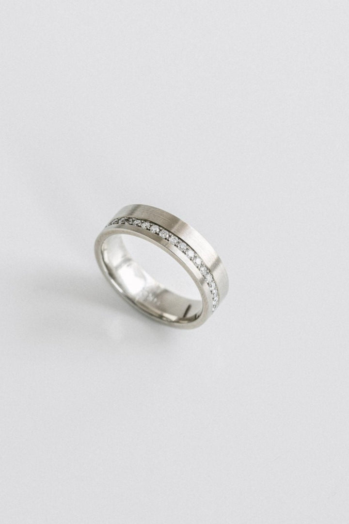 Flat Brushed Mens Cigar Band With Offset Pavé Diamonds