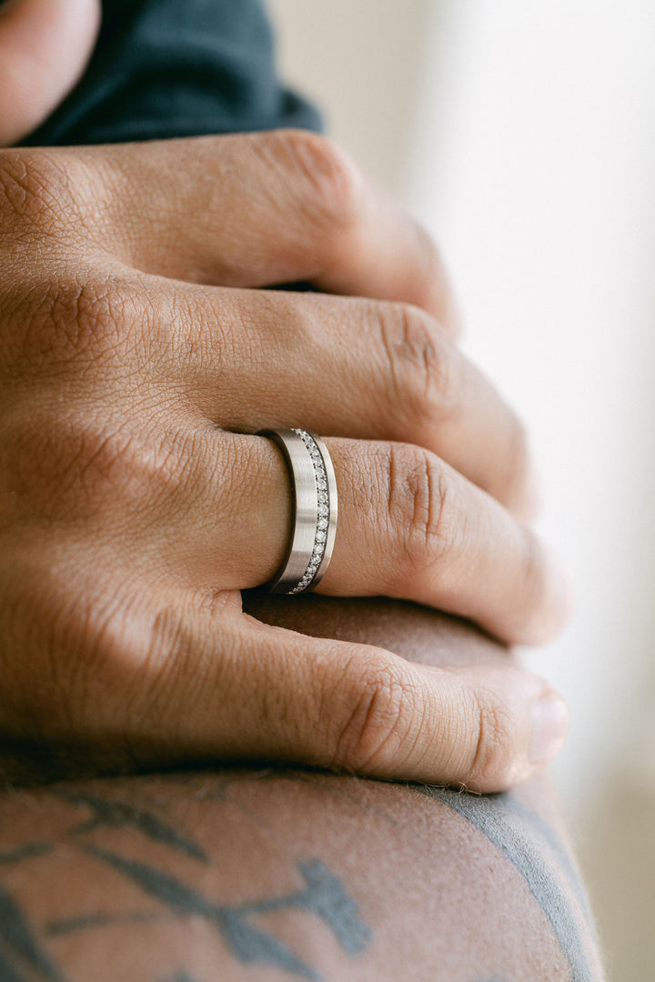 Flat Brushed Mens Cigar Band With Offset Pavé Diamonds