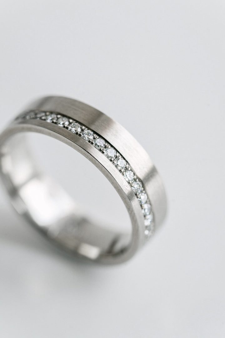 Flat Brushed Mens Cigar Band With Offset Pavé Diamonds