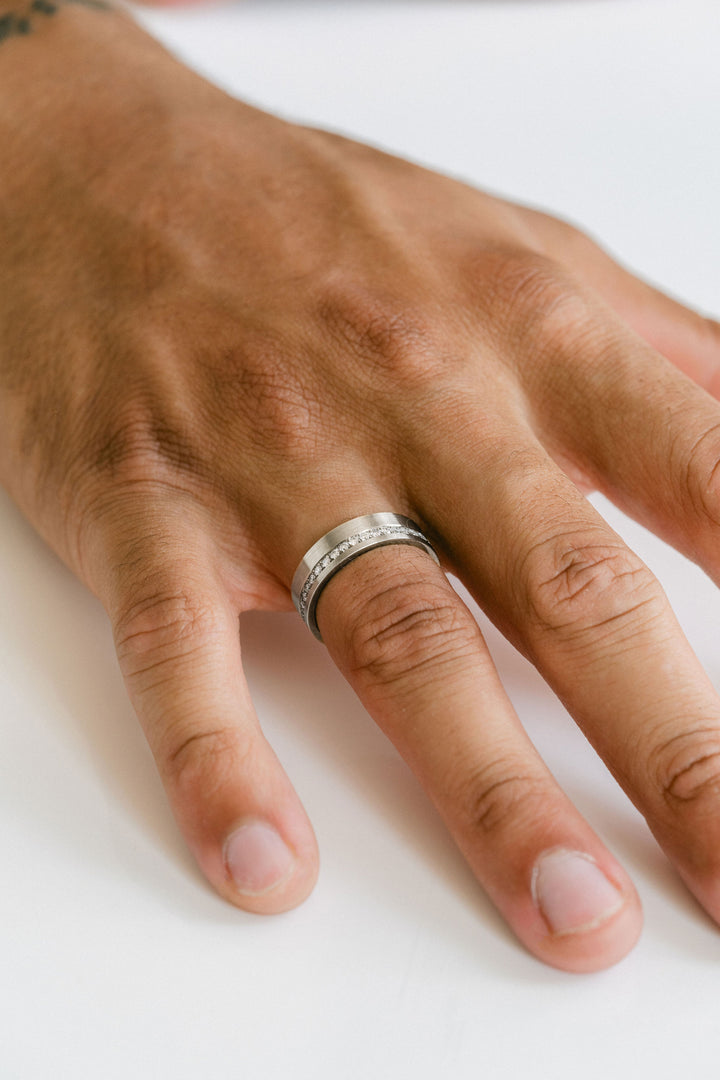 Flat Brushed Mens Cigar Band With Offset Pavé Diamonds