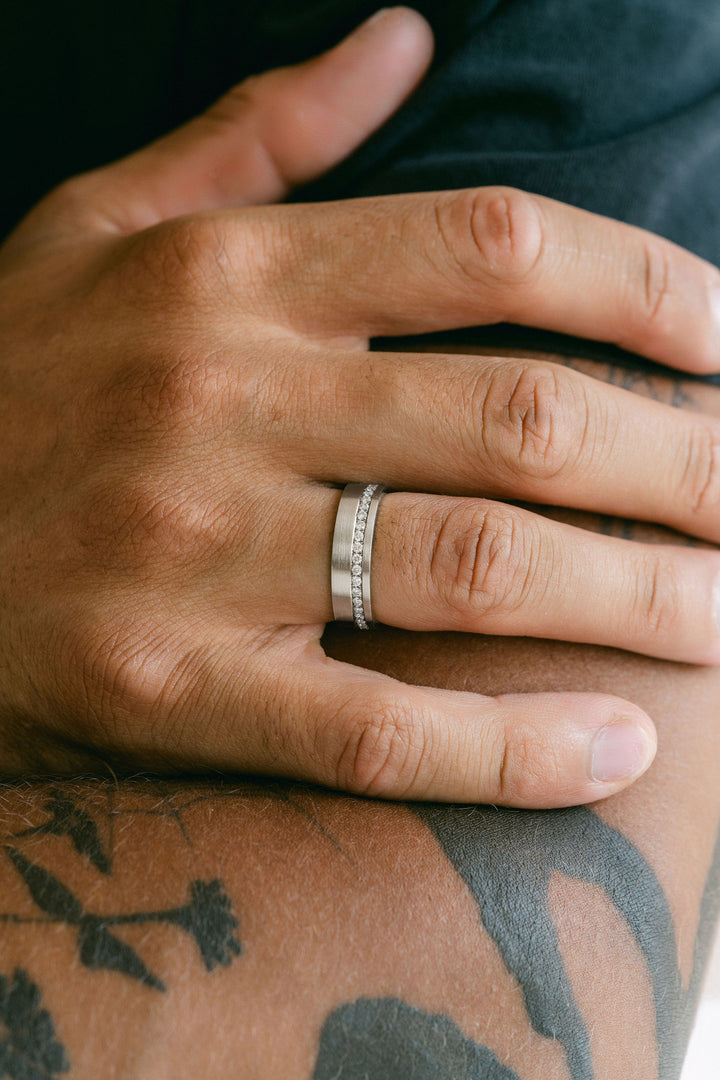 Flat Brushed Mens Cigar Band With Offset Pavé Diamonds