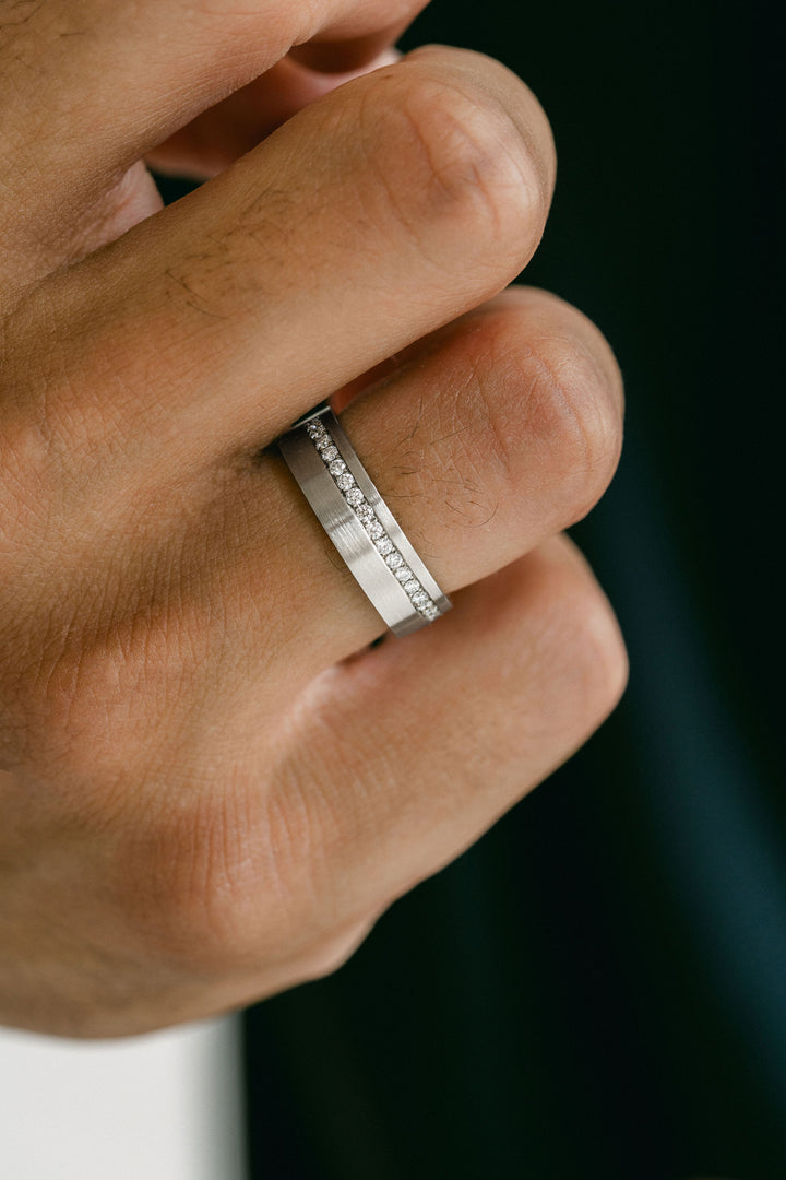 Flat Brushed Mens Cigar Band With Offset Pavé Diamonds