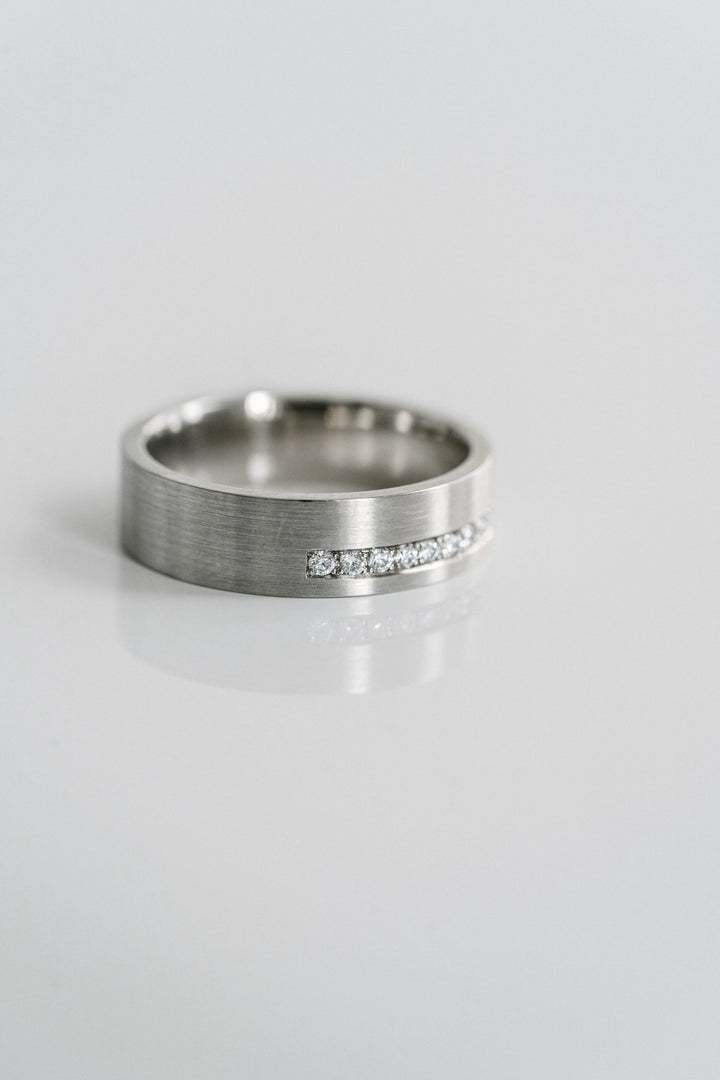 Flat Brushed Mens Cigar Band With Offset Pavé Diamonds