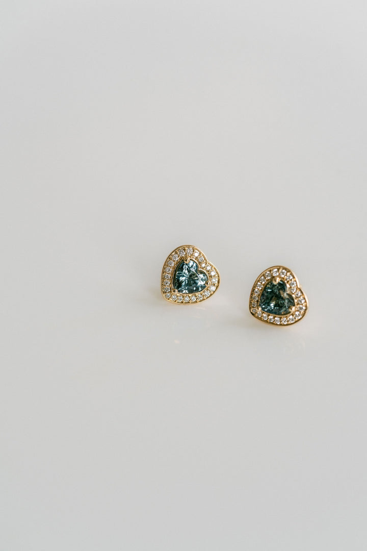 Heart Shape Blue-Green Sapphire Studs With Diamond Halo