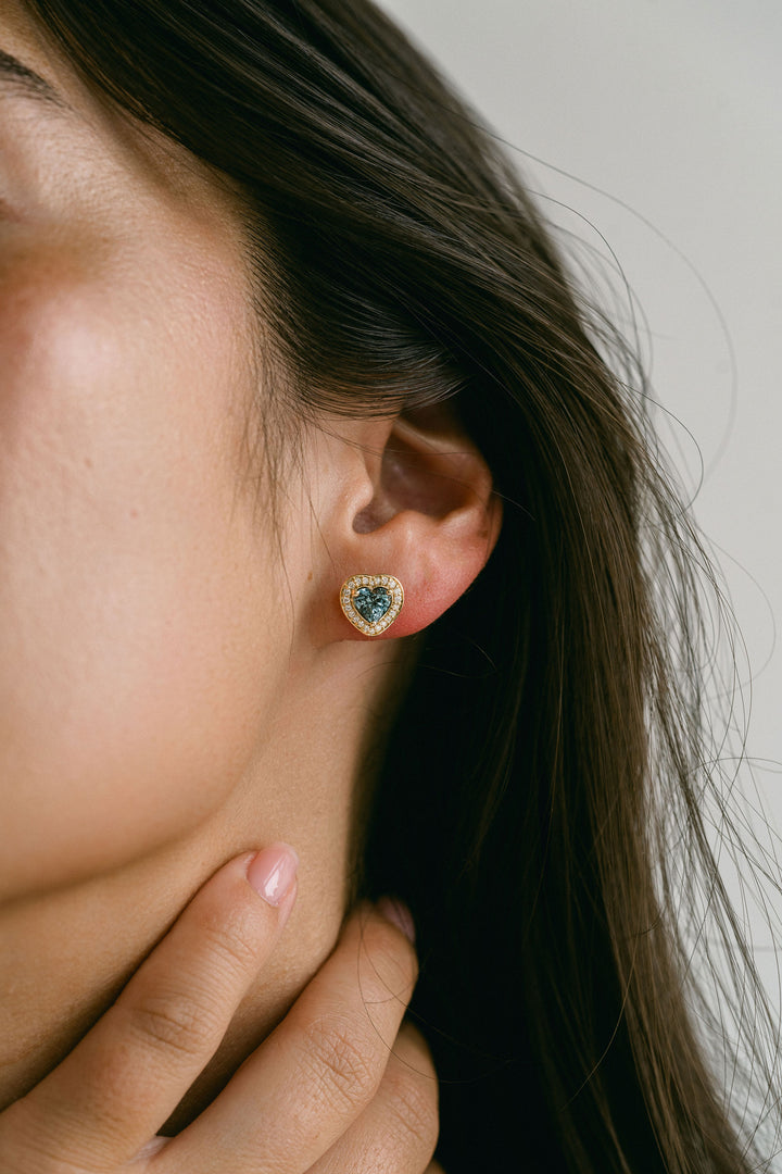 Heart Shape Blue-Green Sapphire Studs With Diamond Halo