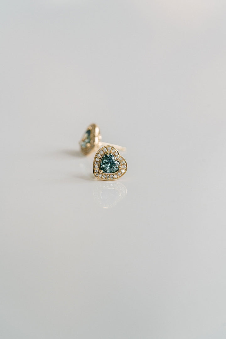 Heart Shape Blue-Green Sapphire Studs With Diamond Halo
