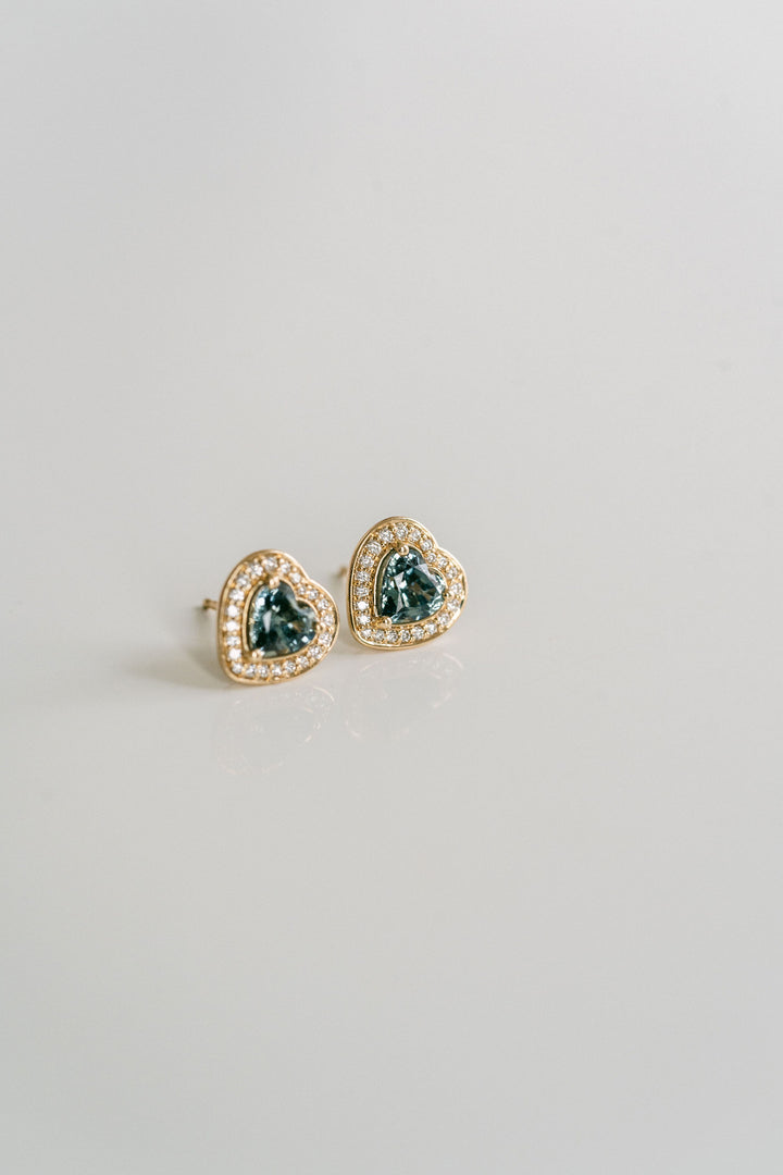 Heart Shape Blue-Green Sapphire Studs With Diamond Halo