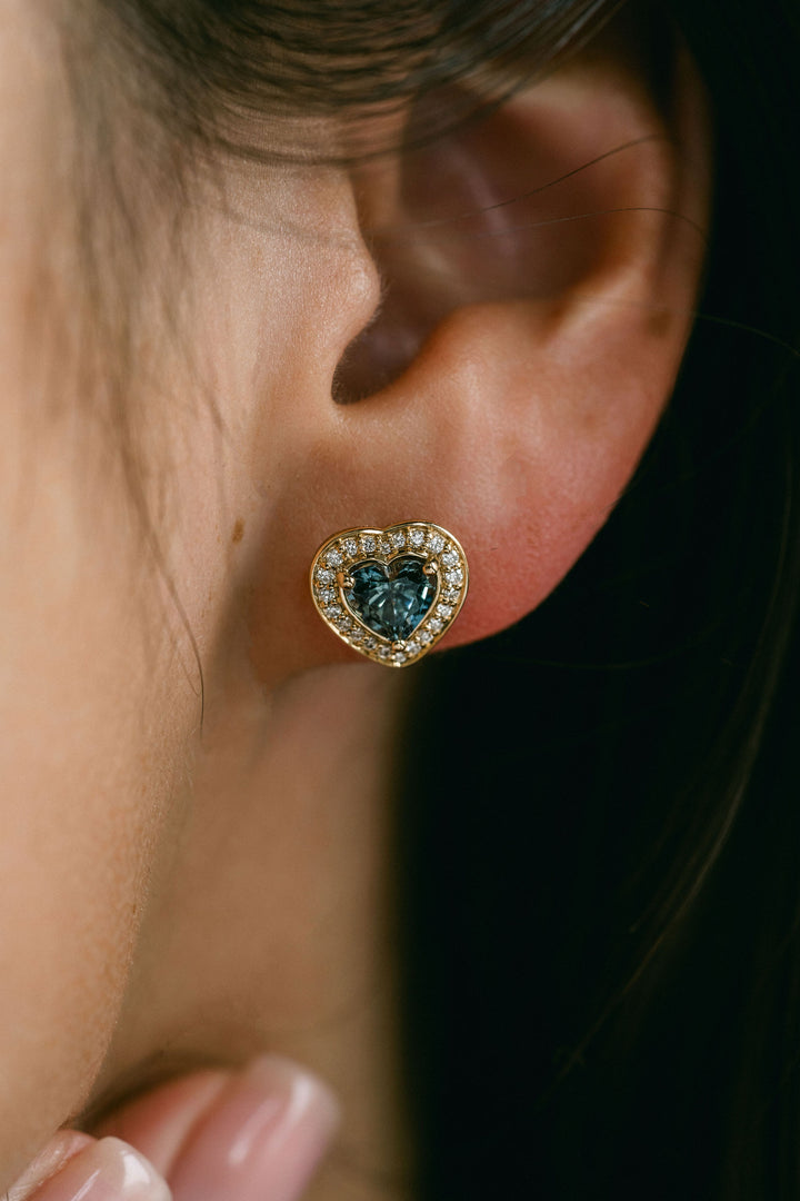Heart Shape Blue-Green Sapphire Studs With Diamond Halo