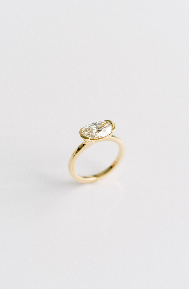 Oval East-West Half Bezel Diamond Engagement Ring, 14k Yellow Gold