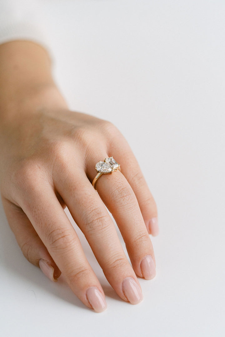 Emerald Cut & Pear Shape Toi et Moi Diamond Engagement Ring With Hidden Collar, 14k Yellow Gold