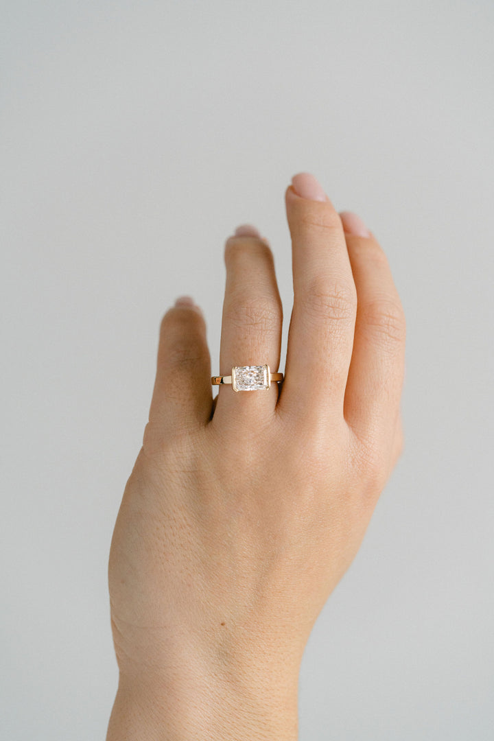 Radiant Cut East-West Half Bezel Diamond Engagement Ring, 14k Yellow Gold