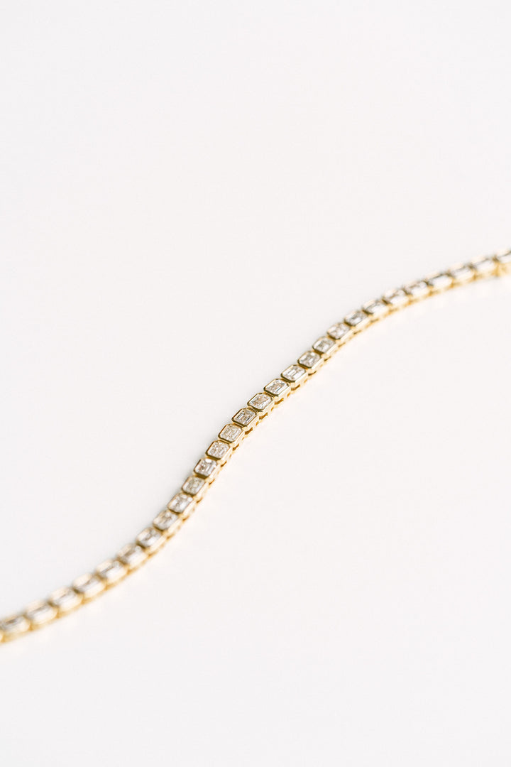 8.10ctw. Emerald Cut Lab Diamond Bezel Tennis Bracelet, 14k Yellow Gold
