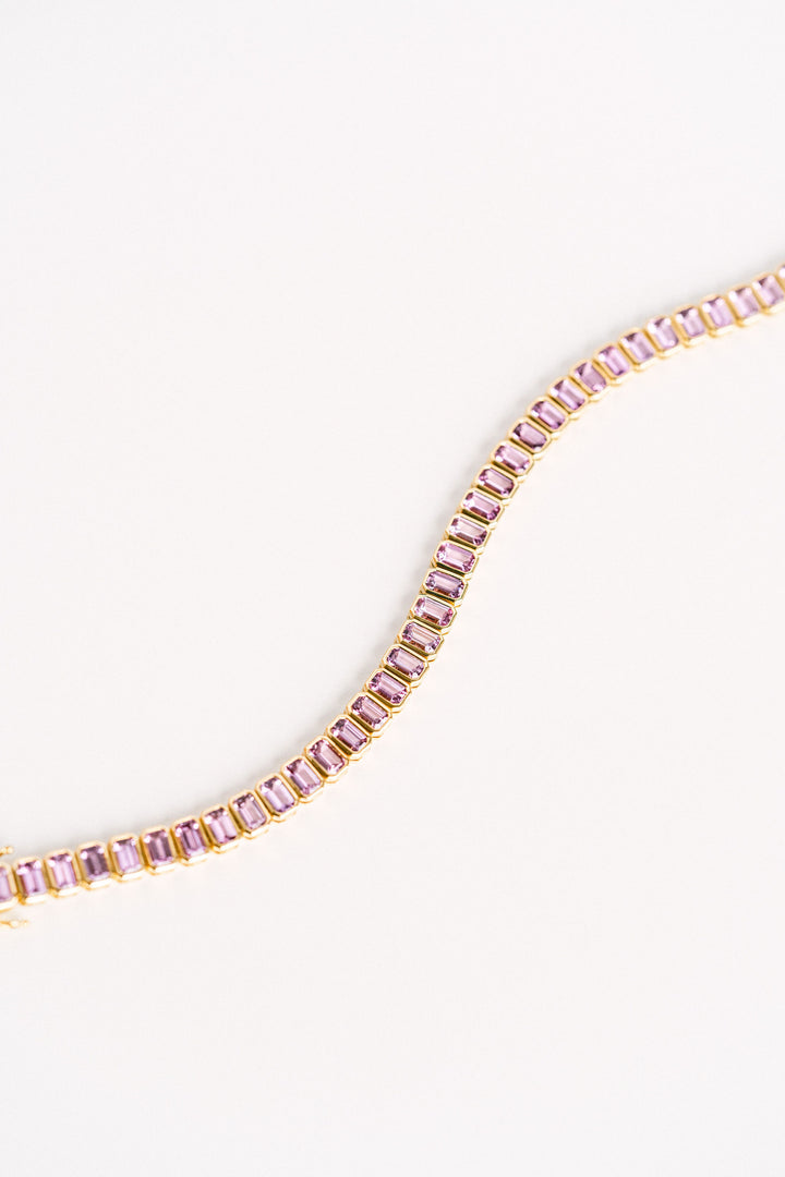 12.30ctw Emerald Cut Pink Sri Lankan Sapphire Bezel Tennis Bracelet, 14k Yellow Gold