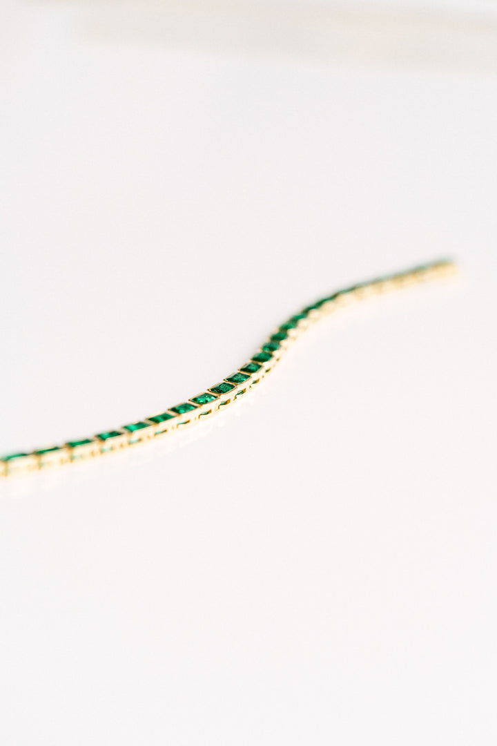 7.50ctw Emerald Cut Colombian Emerald Bezel Tennis Bracelet, 14k Yellow Gold